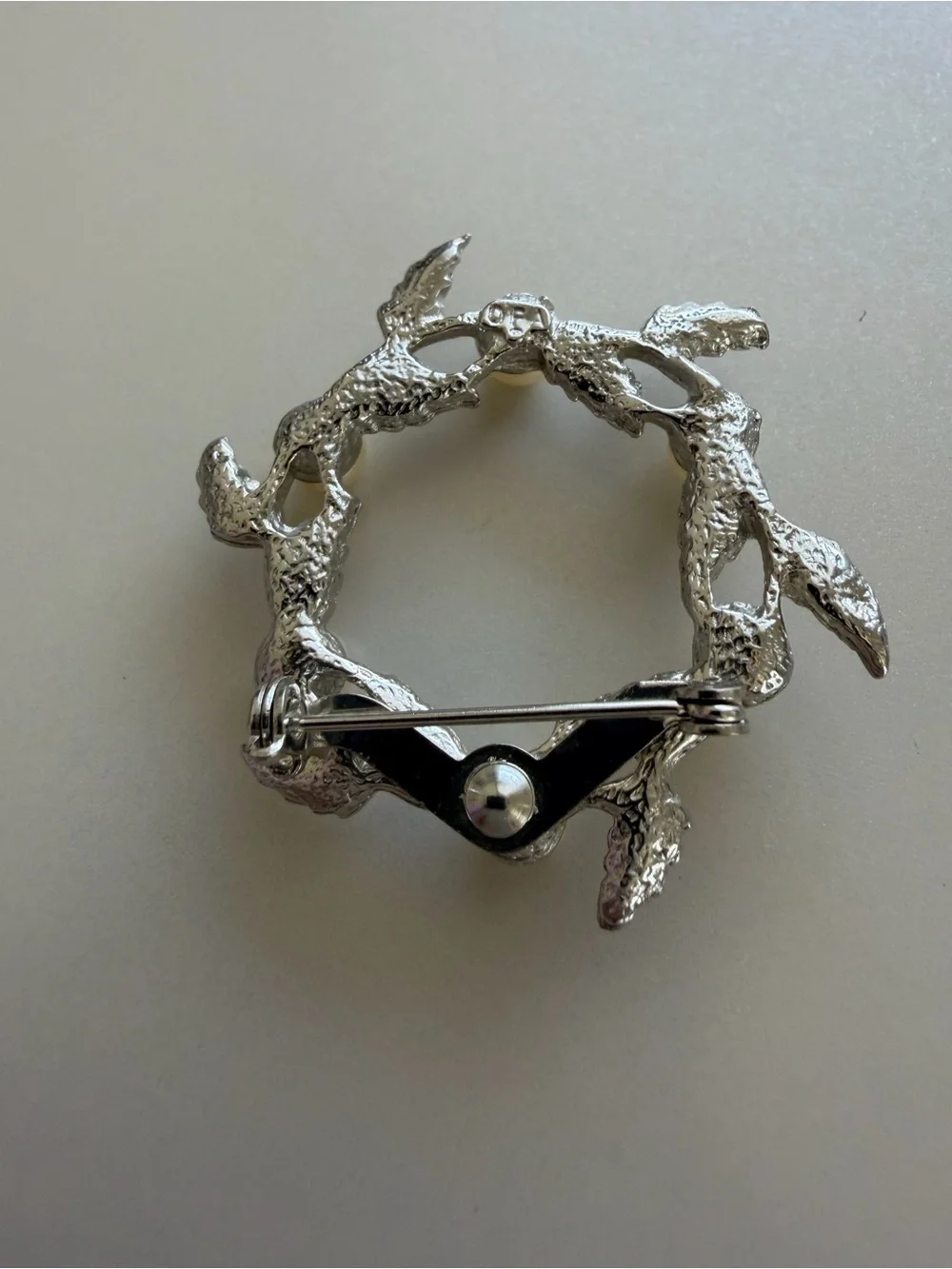 Vintage DFA Dubarry Fifth Avenue Leaf and Faux Pearl Wreath Brooch Silver Tone